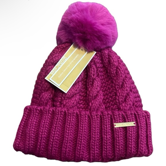NWT MK Michael Kors Winter Pom Pom Hat Fuchsia Pink New with Tags - Picture 2 of 3